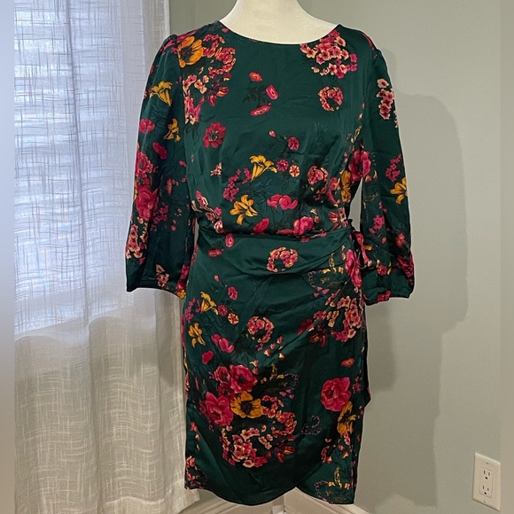 Tacera Green Floral Faux Wrap Midi Dress M - Picture 2 of 11